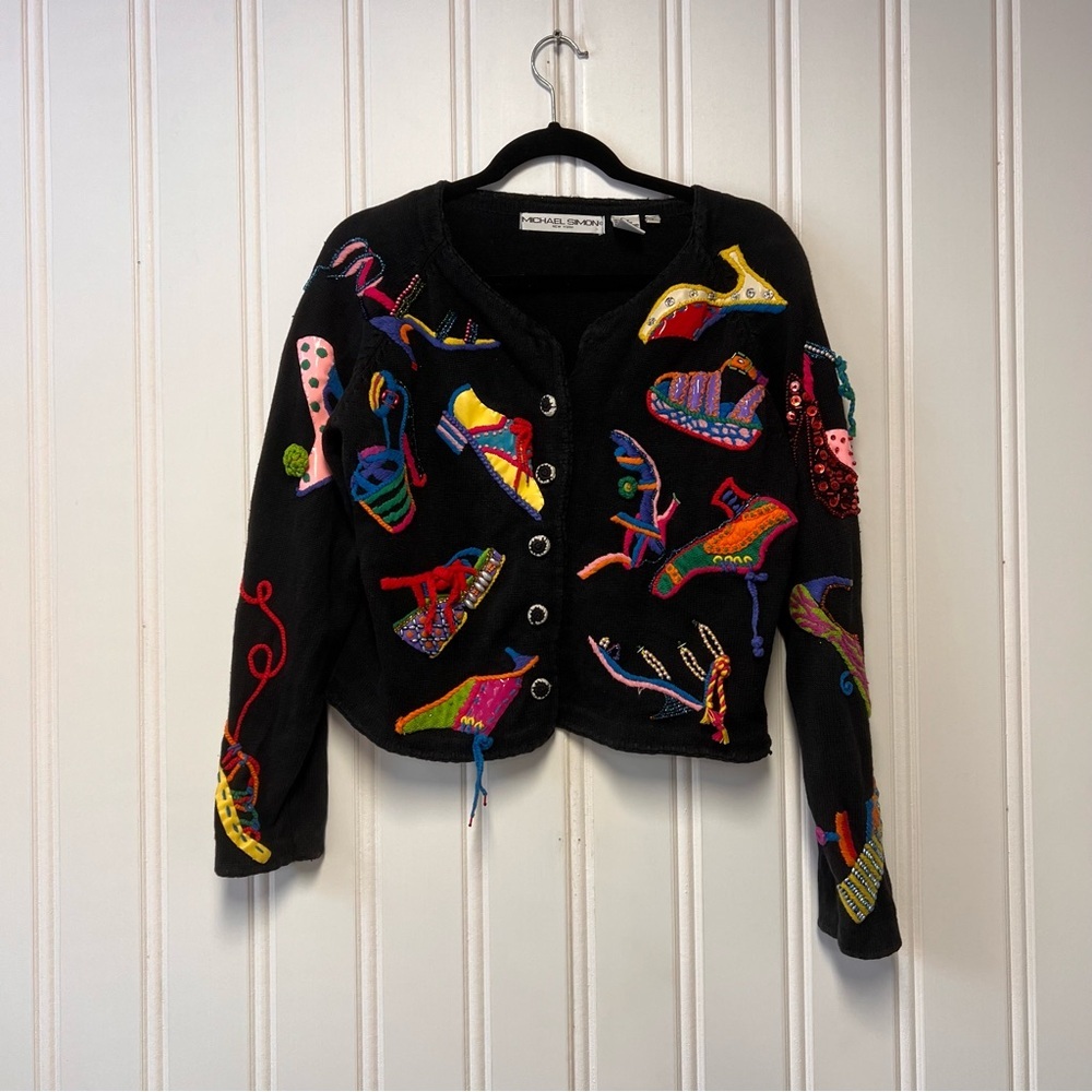 Michael Simon New York Vintage Cropped Cardigan – Beaded Shoe Motif – Size 1